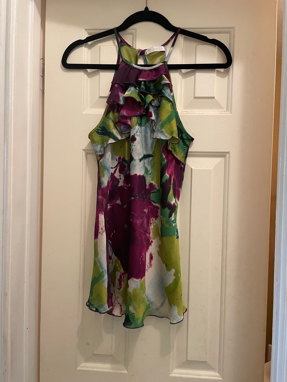 Vintage Charlotte Russe Abstract Watercolor Ruffle Halter Top Medium Made in USA